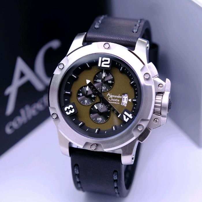 Alexandre Christie Jam Tangan Pria AC 6295 silver black green  Kulit Asli Garansi Resmi 1 Tahun Chro