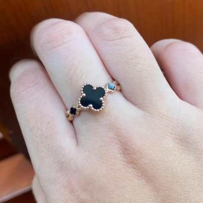 Cincin Wanita Titanium Mahkota Bunga Hitam Aksesoris Rings Model Korea - Silver, 5