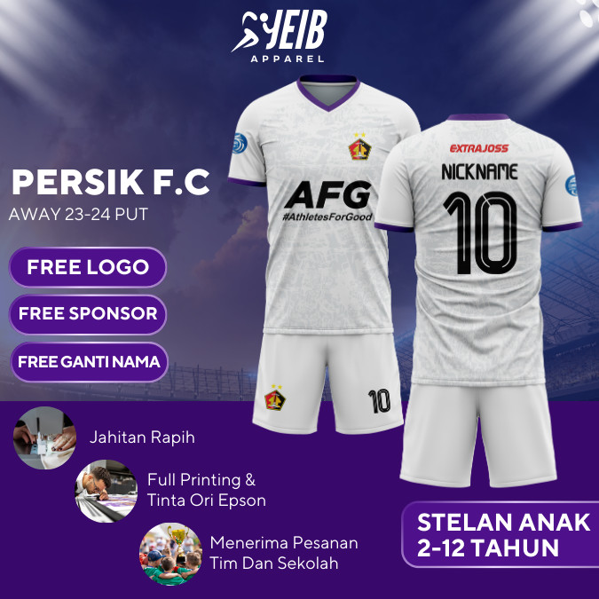 JERSEY BOLA ANAK PERSIK AWAY 2023-2024 LIGA INDO FULL PRINTING JERSEY BOLA CUSTOM NAMA + LOGO ANAK