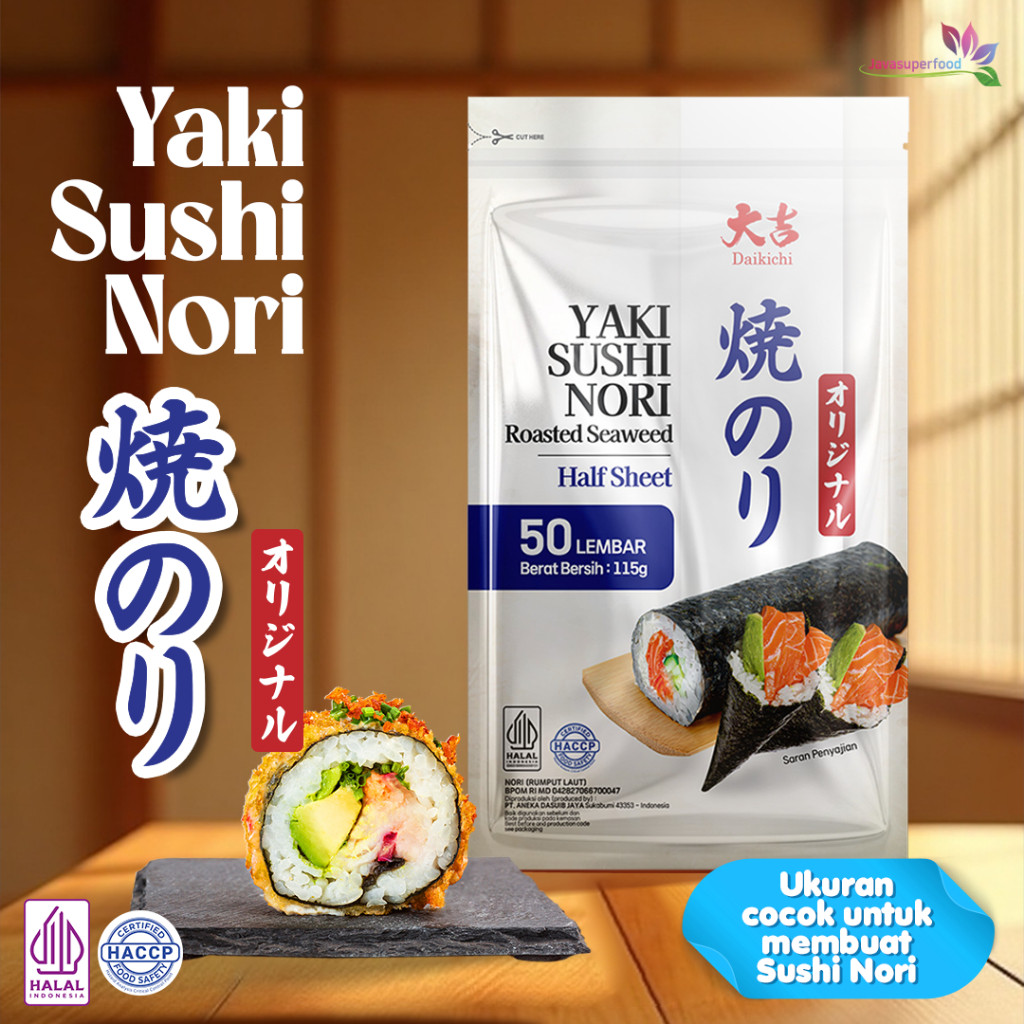 

(HALAL) DAIKICHI YAKI SUSHI NORI HALF SHEET ROASTED SEAWEED /RUMPUT LAUT PANGGANG (isi 50 & 100 lembar)