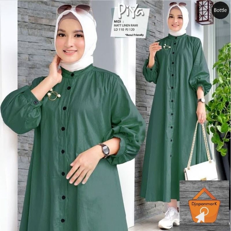 Piya Midi Dress bahan Linen Rami Long Tunik Kancing Aktif Dres Wanita Muslim Simple Casual Terbaru