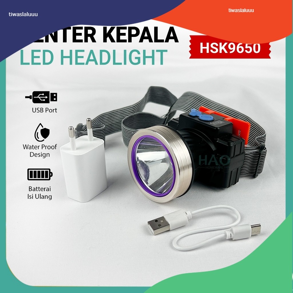 Senter Kepala Headlight LED / Senter Kepala Travel / Senter Kepala Charger HSK-9650 LED Putih