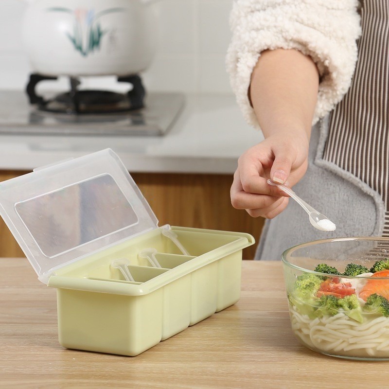 Tempat Bumbu Dapur Panjang 4 Sekat FREE Sendok Kotak Wadah Penyimpanan Gula Garam Micin Lada Seasoni