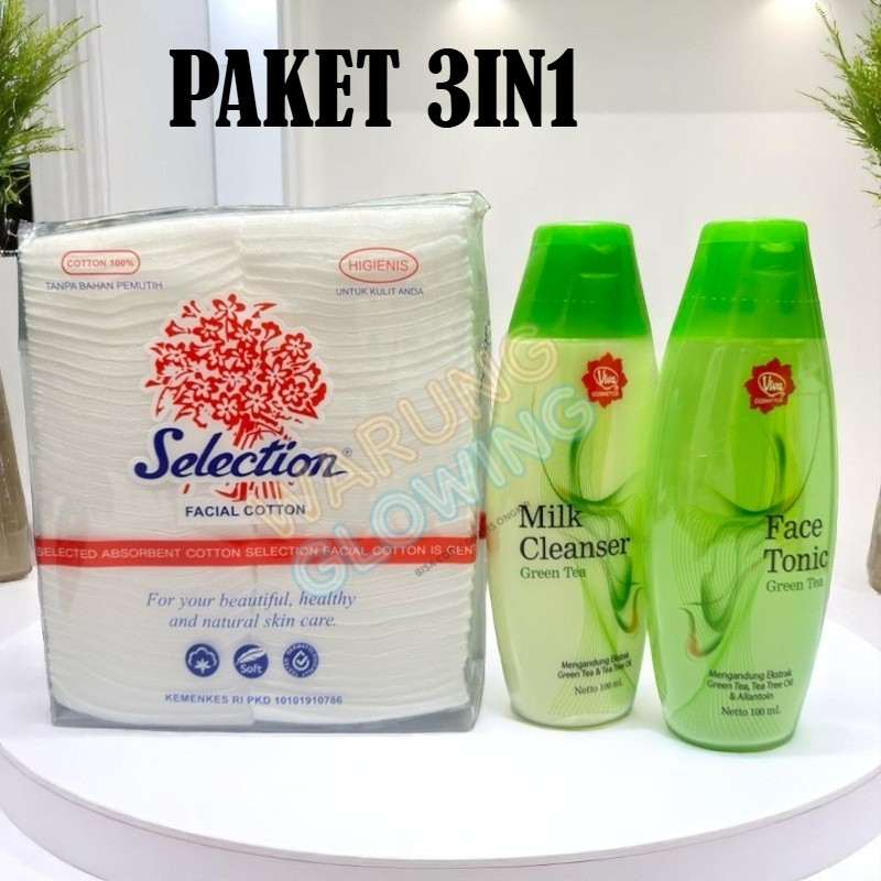 Paket 3IN1 Viva Pembersih Wajah Face Tonic + Milk Cleanser Greentea + Kapas