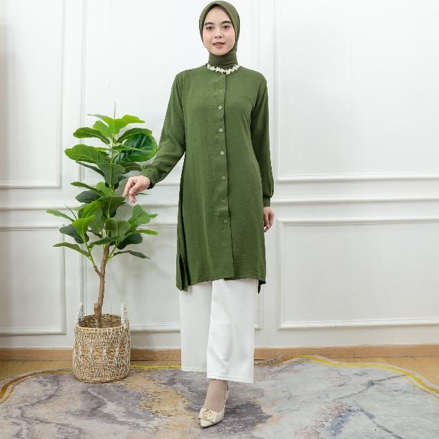 PRILLY BUSANA - Delvia Tunik Polos Crincle - Atasan Wanita - Blouse Lengan Panjang