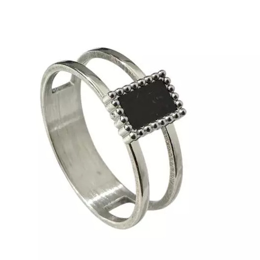 [ EL ] Cincin Wanita / Cincin Titanium Silver Mata Hitam Kotak Double Ring