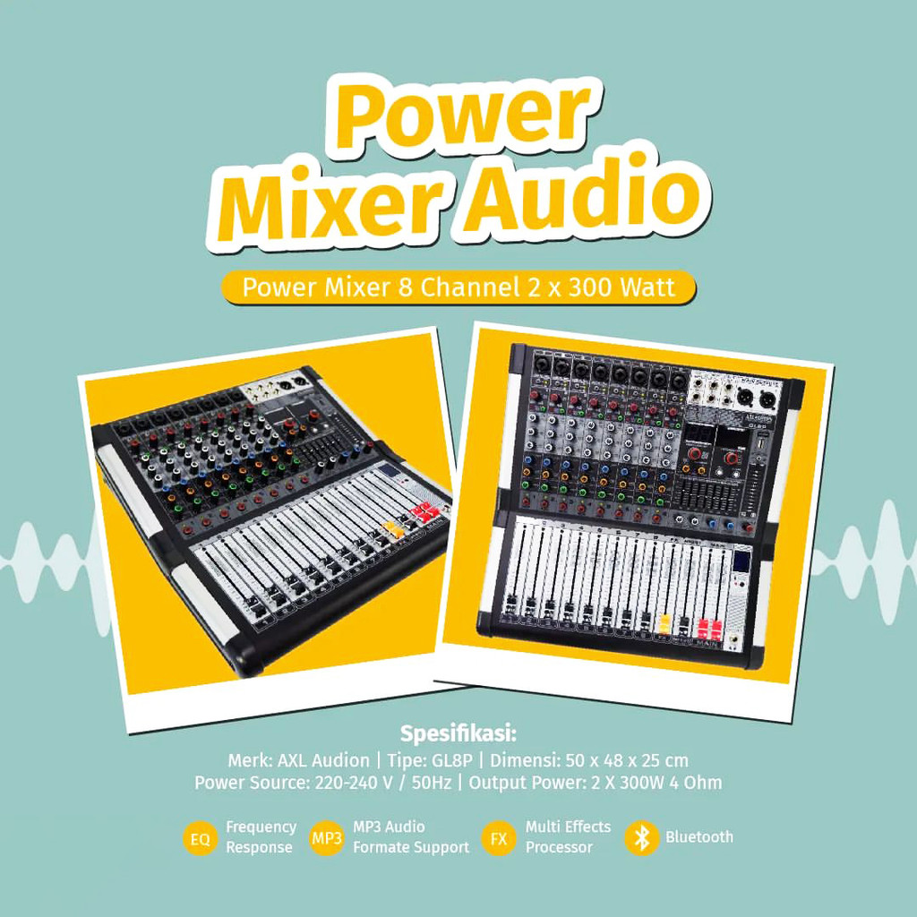Power Mixer 8 Channel 2 X 300 Watt AXL Audion Professional Audio System Mixing Console Bluetooth USB
