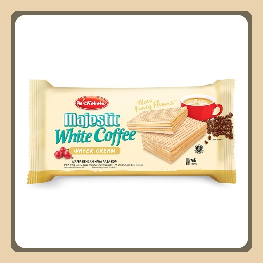 

Wafer Kokola Majestic White Coffe 70 Gram 1 Dus isi 30 pcs