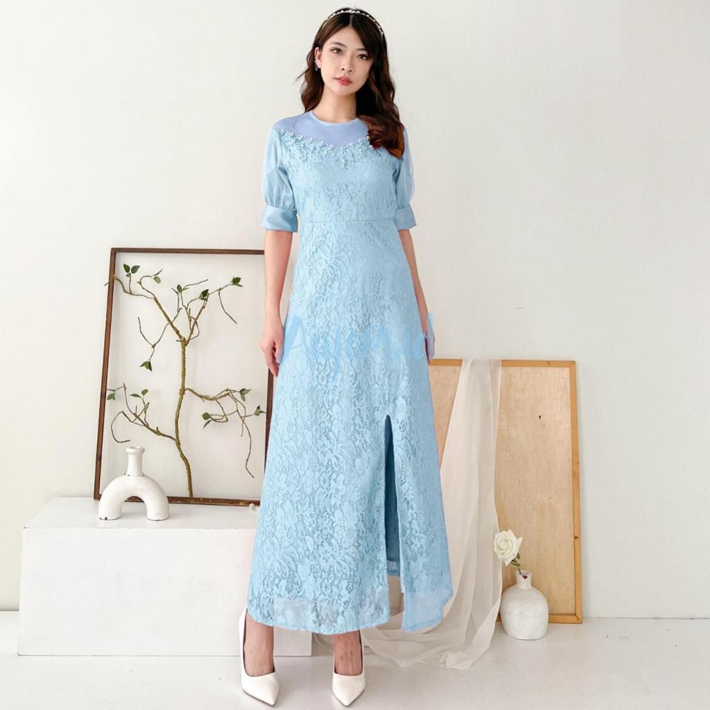 Minora Sabrina Dress Brokat Panjang Belah Samping Paha Lengan Pendek Size M L XL Dress Terbaru Bruka