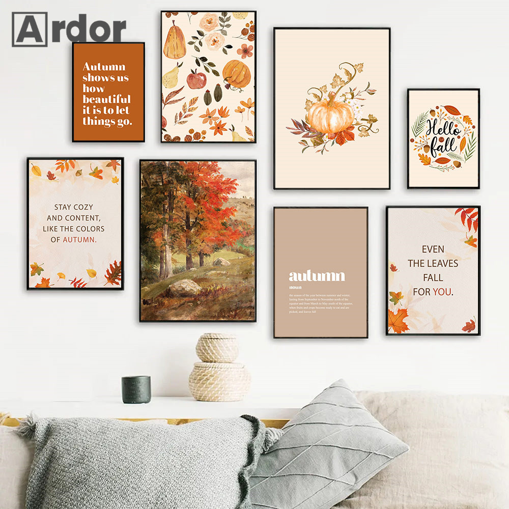 

Hello Fall Pumpkin Wall Art Canvas Painting Autumn Landscape Poster Leaves Print Nordic Wall Pictures Living Room Interior Decor