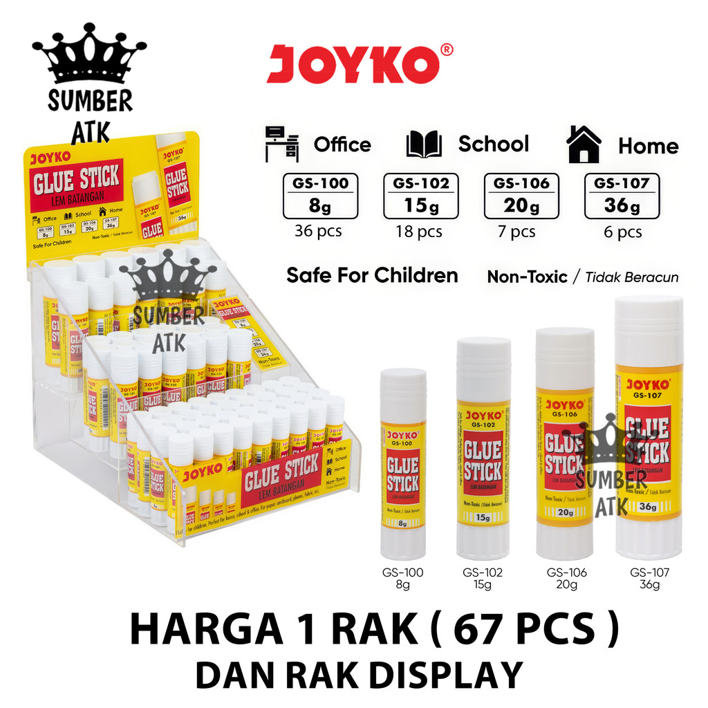 

Rack Glue Stick Lem Kertas Batang Joyko GS-Mix-67 ( 67 pcs ) GS-100 GS-102 GS-106 GS-107 8 gr 15 gr 20 gr 36 gr