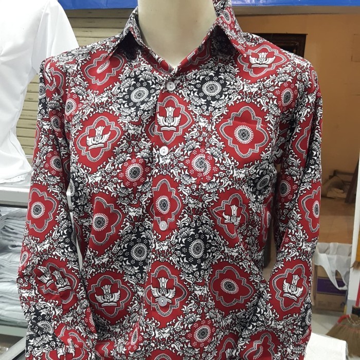 AJU BATIK MERAH SEKOLAH SD LENGAN PANJANG SERAGAM NEGRI ( UNISEX ) KELAS 1-6 cod