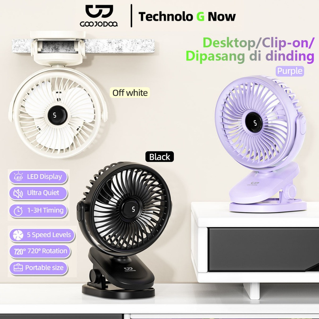 Goojodoq 5000mAh Kipas Angin USB Clip Mini Fan Rotating Kipas Angin Meja Mini Jepit Portable LED Dis