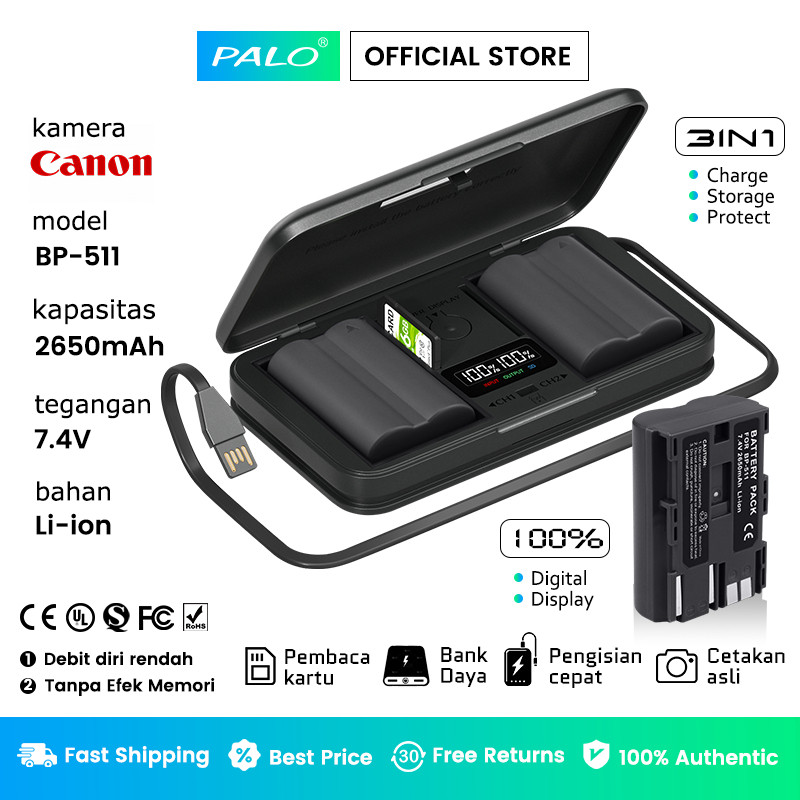 PALO 2650mAh BP-511A BP511A BP-511 BP511 Baterai Kamera + Pengisi daya multifungsi For Canon EOS R5 