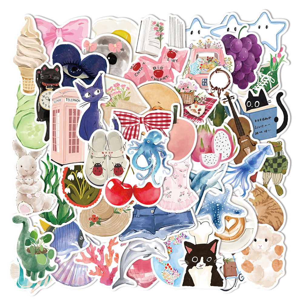 

50PCS Cartoon Watercolor Diary Decoration Stickers DIY Hand Account Phone Case Notebook Water Cup Desktop Stickers