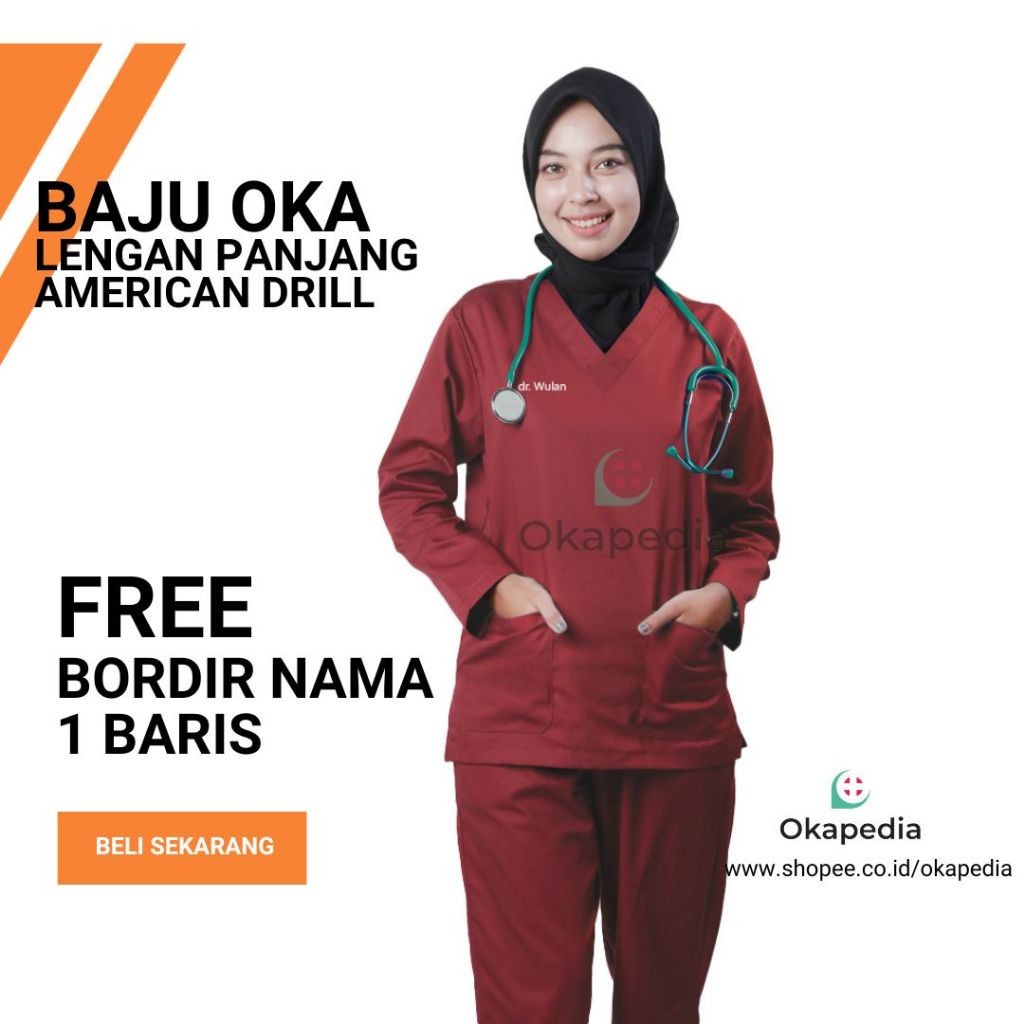Free Bordir baju ok oka seragam dokter perawat lengan panjang American Drill