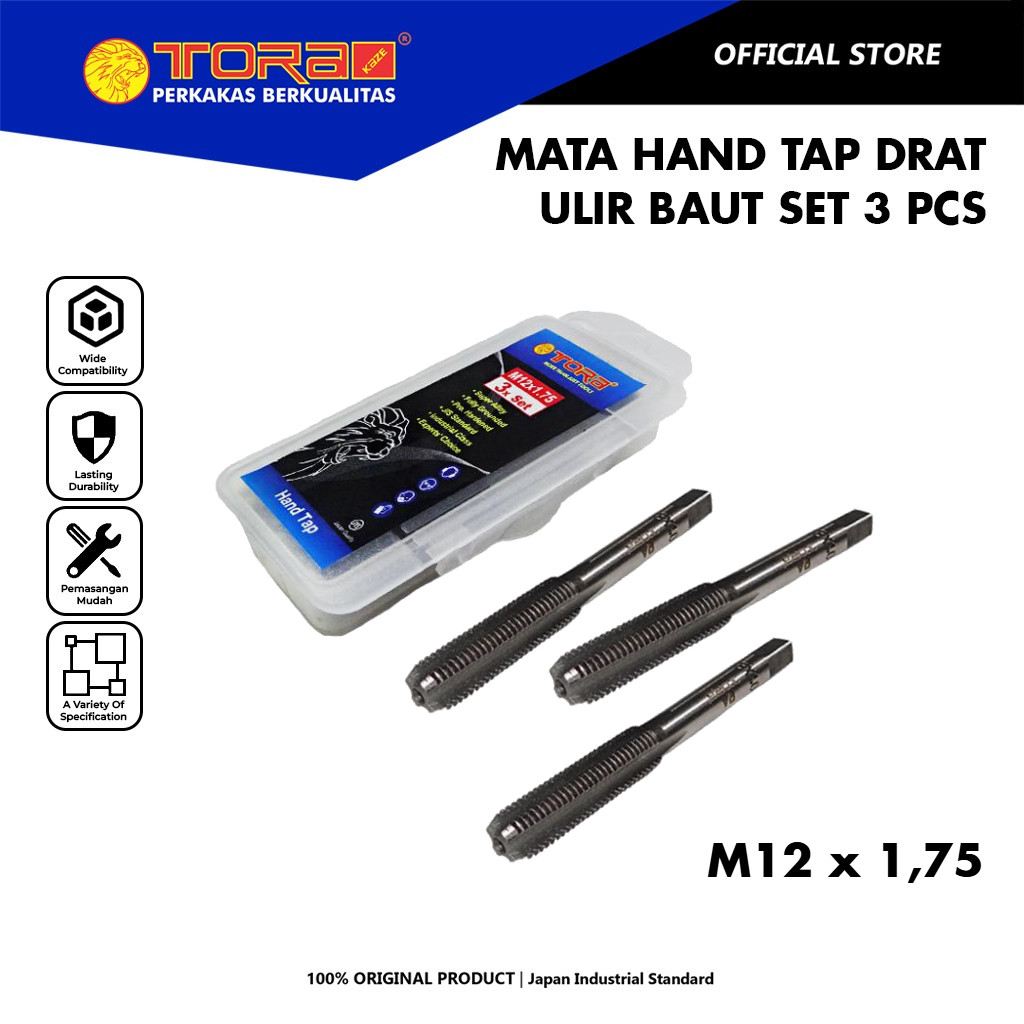 TORA Mata Tap Ulir Baut Set 3 Pcs M12 x 1,75 - Hand Tap Drat Baut Rusak Dol Set - Pelubang Baja Besi