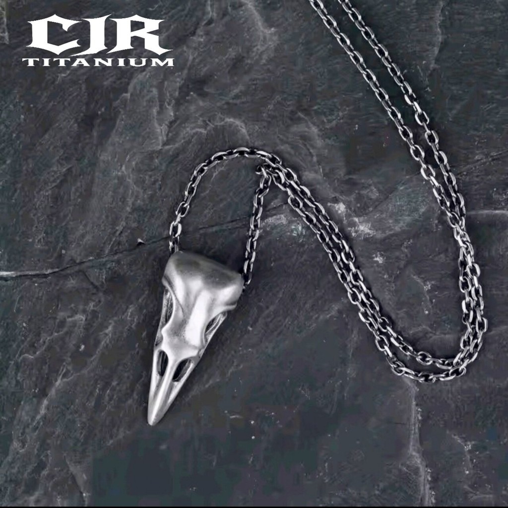 CROW HEAD SKULL NECKLACE/KALUNG TITANIUM SILVER NORI/LIONTIN TENGKORAK KEPALA GAGAK/PRIA WANITA ANTI