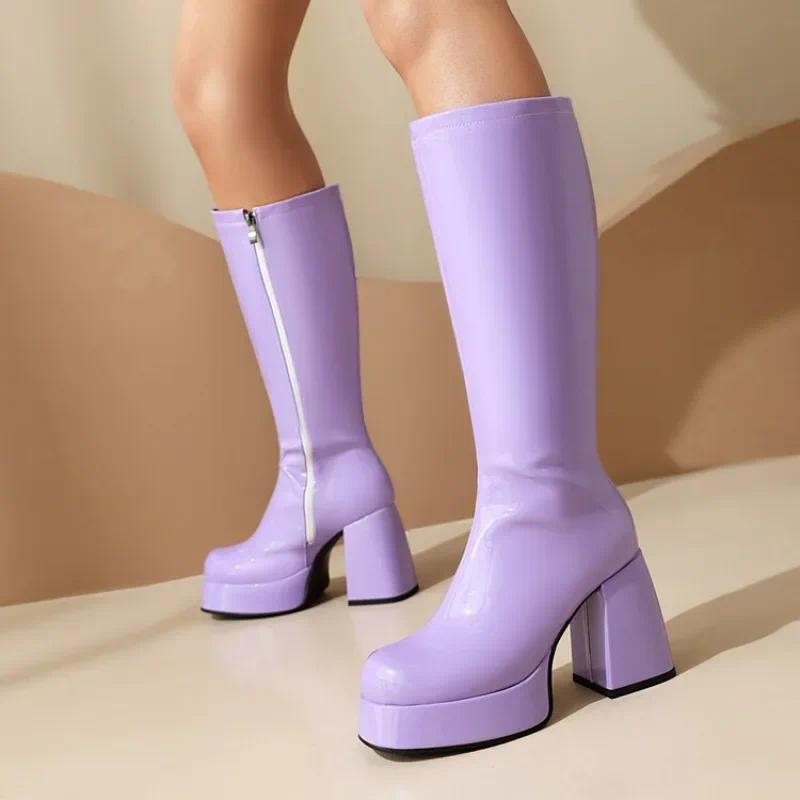 Purple Patent Leather Knee High Boots Waterproof Platform 10cm Thick Heel Bar Stage Boots 35-48  Zip