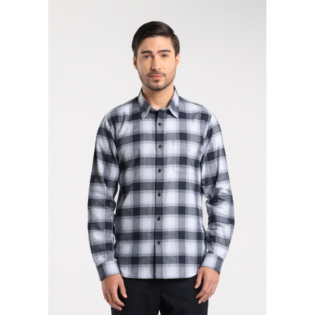 MOC - Kemeja Kotak-kotak Pria Lengan Panjang Barder - Black