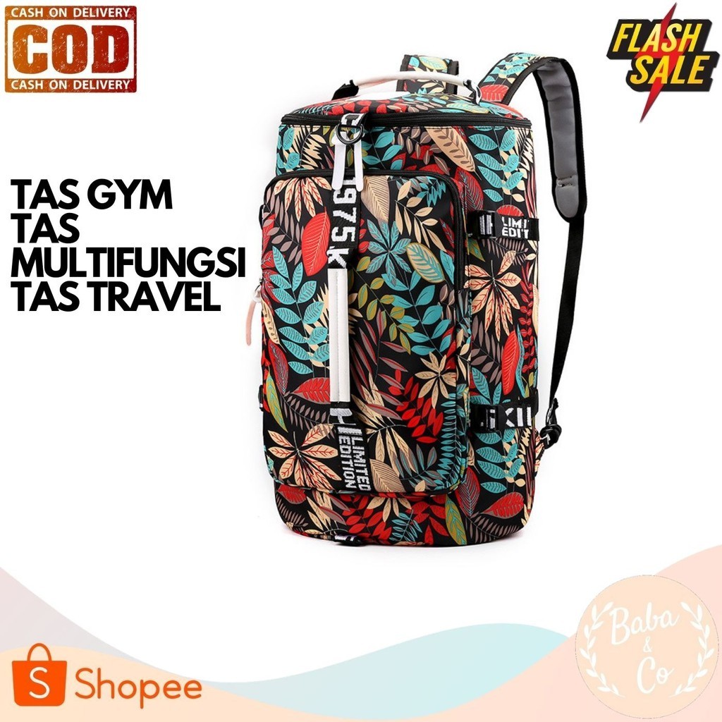TRAVEL BAG TAS GYM BAG DUFFLE BAG RANSEL TRAVEL BACKPACK MOTIF DAUN LEAVE TAS FITNES