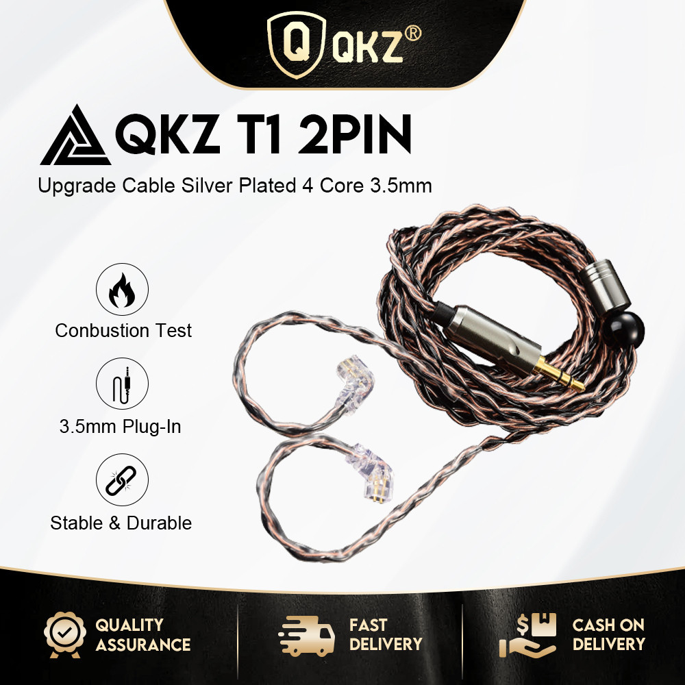 QKZ T1 Earphone Kabel Upgrade Berlapis Perak 4 core Upgrade QDC 2PIN 3.5MM Plug Earphone Kawat Kabel