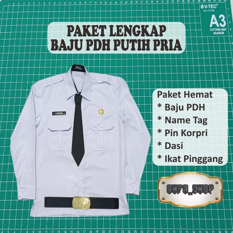 HIGH QUALITY Paket Lengkap Baju PDH Putih Pria papan nama dada Lencana Korpri (Baju, Nametag, Pin Ko