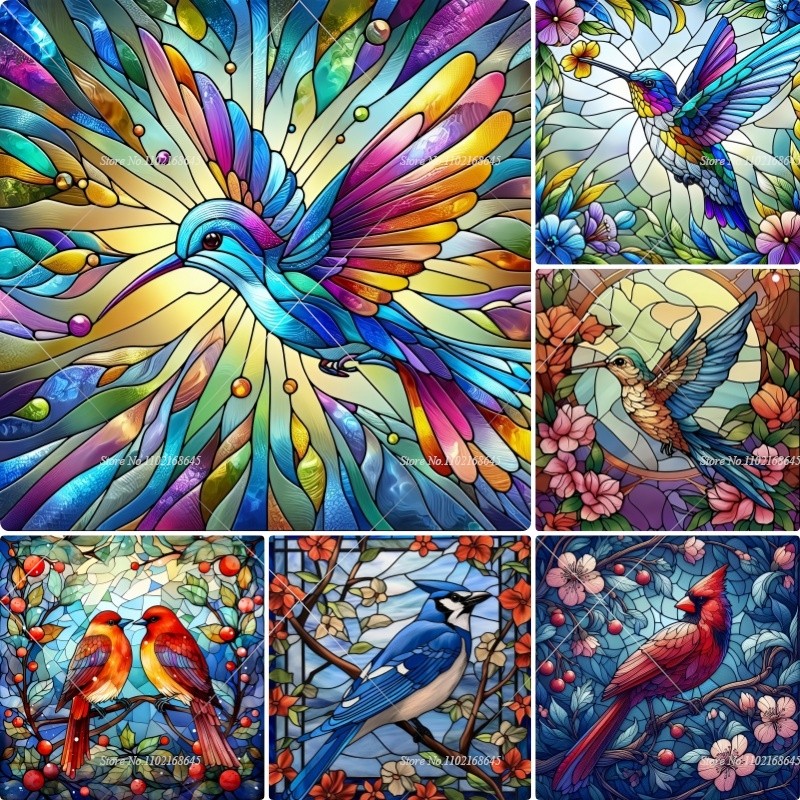 

New Arrivals Diamond Paintings Stained Glass Hummingbird With Flowers 5d Diamond Art Crafts Supplies Adults Cross Stitch Gift