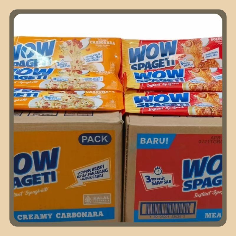 

Pasta instan WOW Spageti WOW 1 karton isi 40pcs spageti rasa Meaty Bolognese Creamy Carbonara 1dus 40x84gr