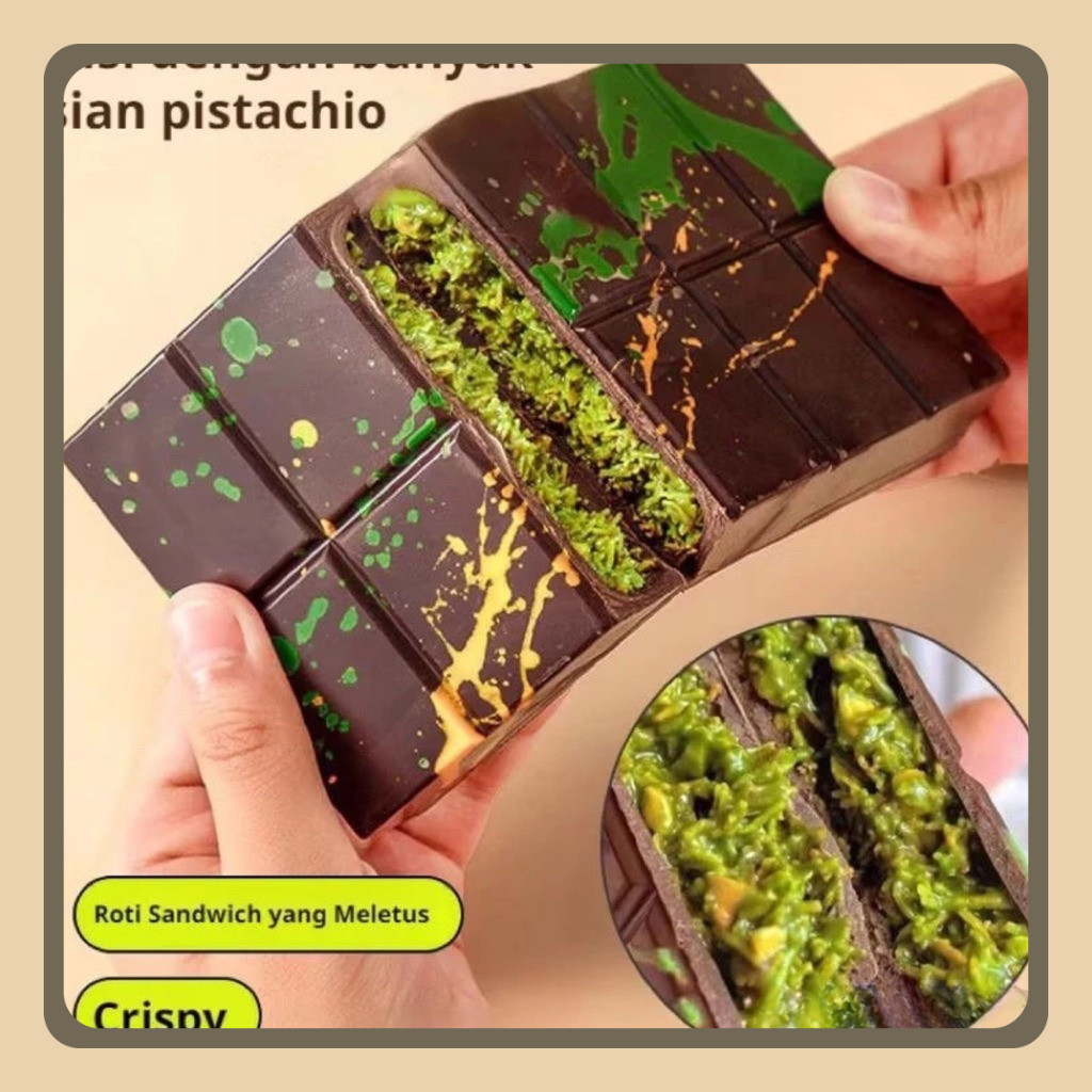 

Chocolate Dubai Original Crispy "PISTACHIO KUNAFE" Berat ±270 gr ,Size 16x8 cm ,Coklat Viral Lembut Meleleh Dimulut Food Cocoa Cemilan Makanan Cokelat