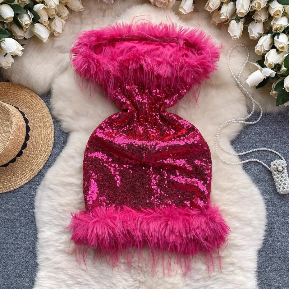 Fur Mini Dress Mewah Premium Prom Night Party