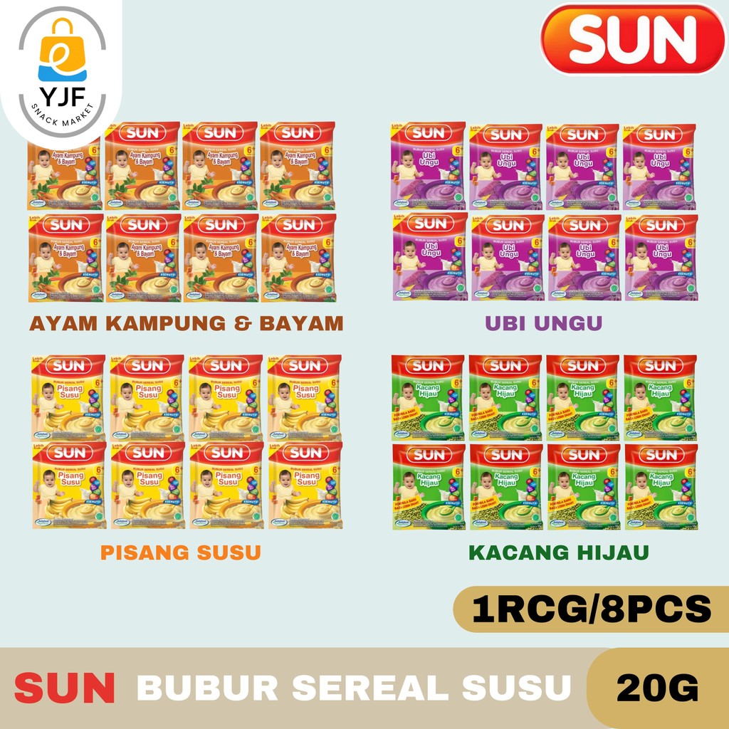 

Sun Bubur Sereal Susu 20g - 1 RCG/10PCS / Rasa Kacang Hijau / Pisang Susu / Ubi Ungu / Ayam Kampung / Bubur Bayi 6+ Bulan