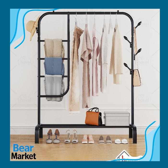 BEAR  Rak Baju Jilbab Tas Sepatu Full Besi Kuat Hitam Putih Stand - Hitam