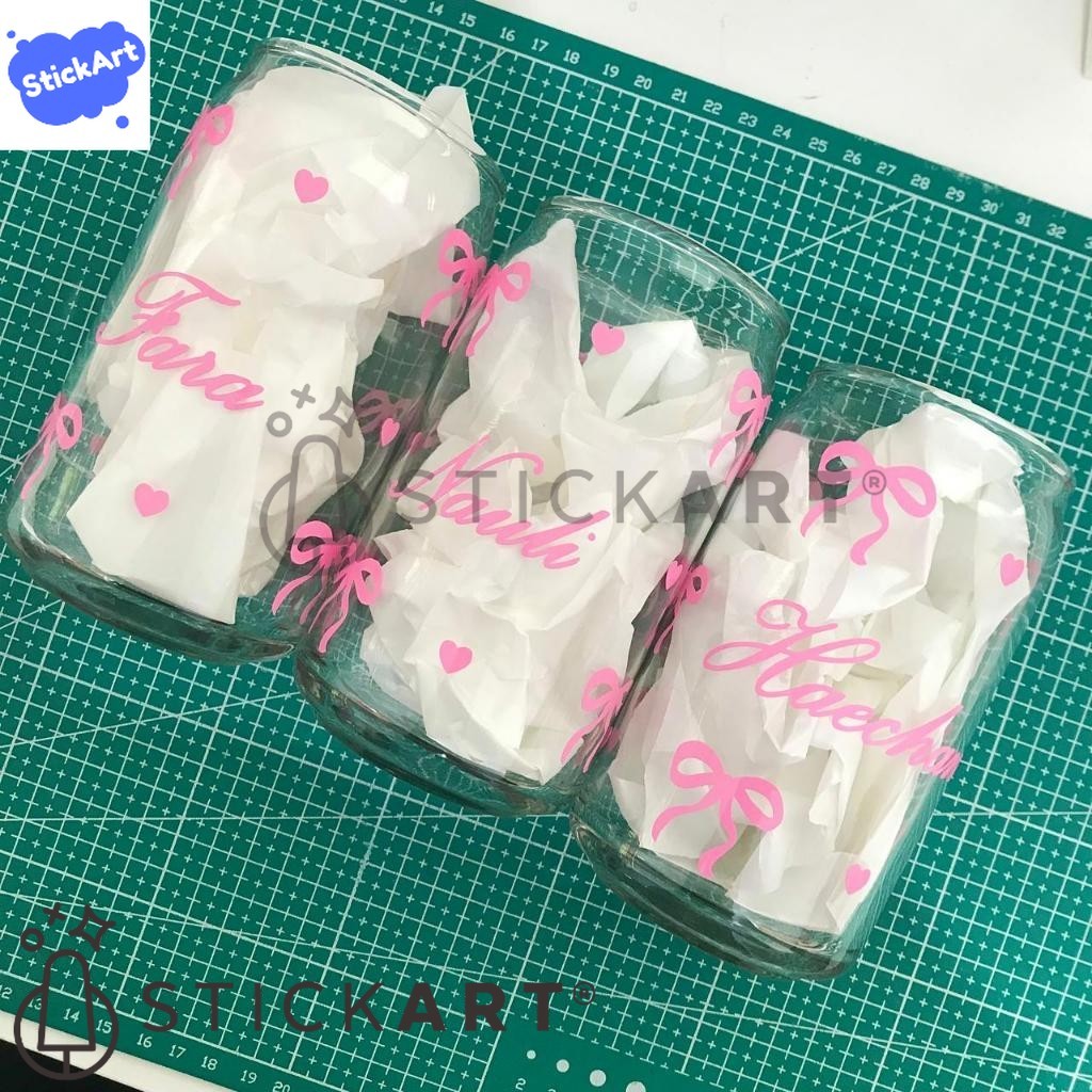 

[STICKART] (Custom Nama) Gelas Coquette Korea/ Gelas Kaca Aesthetic/ Gelas Pita Pink BAHAN DAN KWALITAS PREMIUM