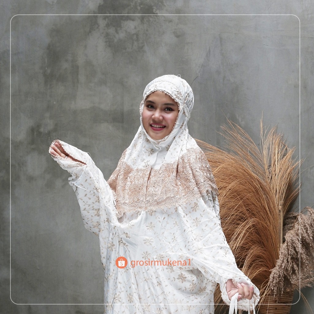 Ready Stock Mukena setelan dan terusan katun sutra Jepang prada full bordir putih renda putih coklat