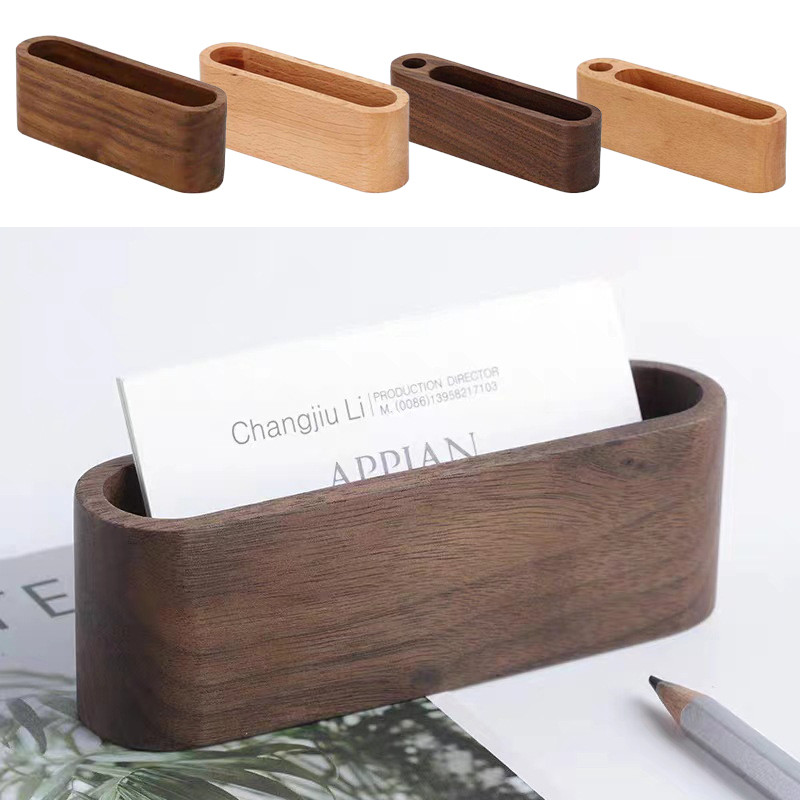 

1pc Wooden Business Card Holder Organizer Office Desk Name Card Display Stand With Pen Slot Memo Pad Cards Stand Card Holder