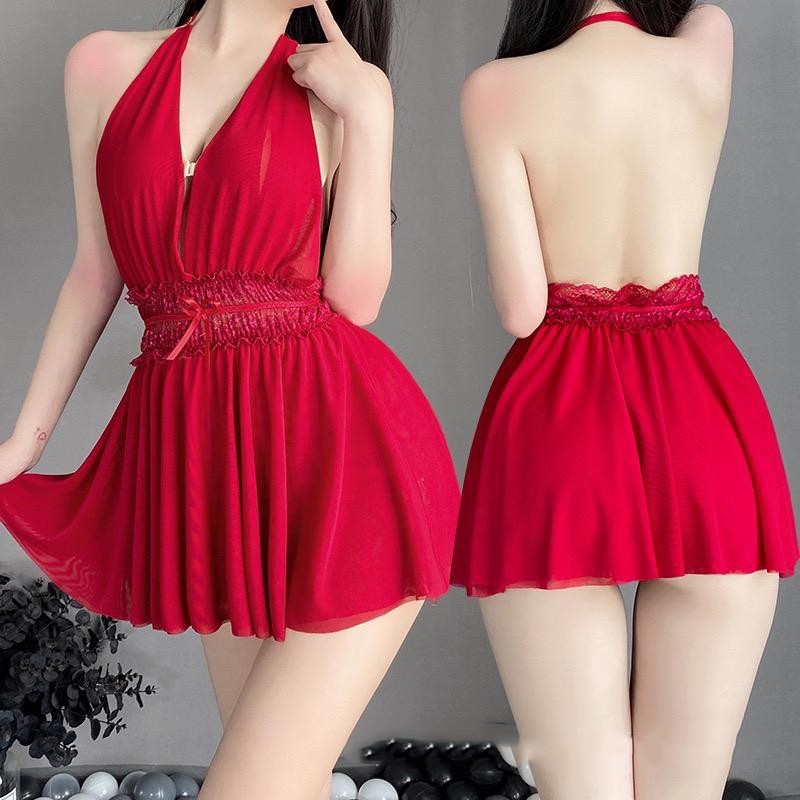 [ Kikiya ] Cod Lingery Sexy Hot Dress Baju Tidur Wanita Renda Halter Neck Lingerie Sexy Hot Binal