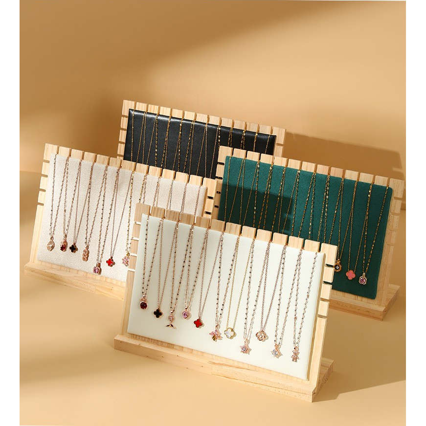 

Creative Bamboo Necklace Display Stand with Leather Mat - Solid Wood Jewelry Organizer for Home/Shop Store Selling Show