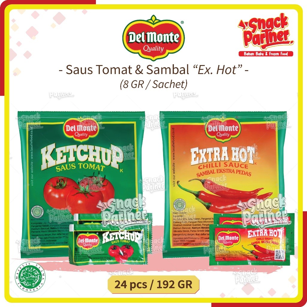 

Saos DELMONTE 24 PCS / SACHET 8 GR - DEL MONTE Saus Sambel Sambal Cabe Chili Extra Hot Pedas Tomat Ketchup Manis