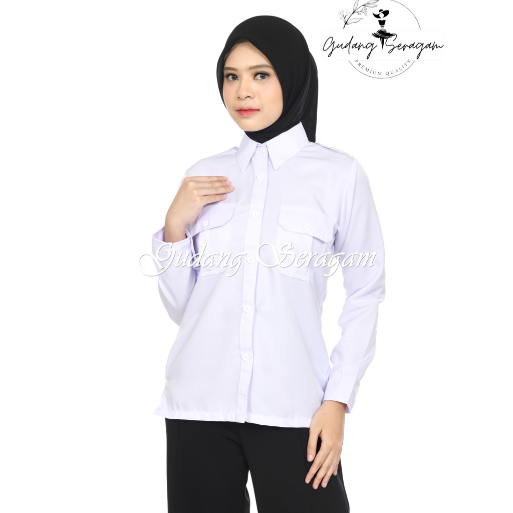 Baju PDH Putih Wanita – Desain Eksklusif dengan Kerah Hitam