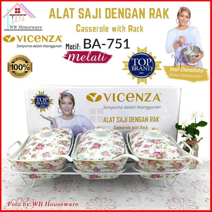 VICENZA wadah saji set isi 3 + rak motif ayana / pemanas makanan / casserole food warmer keramik BA-