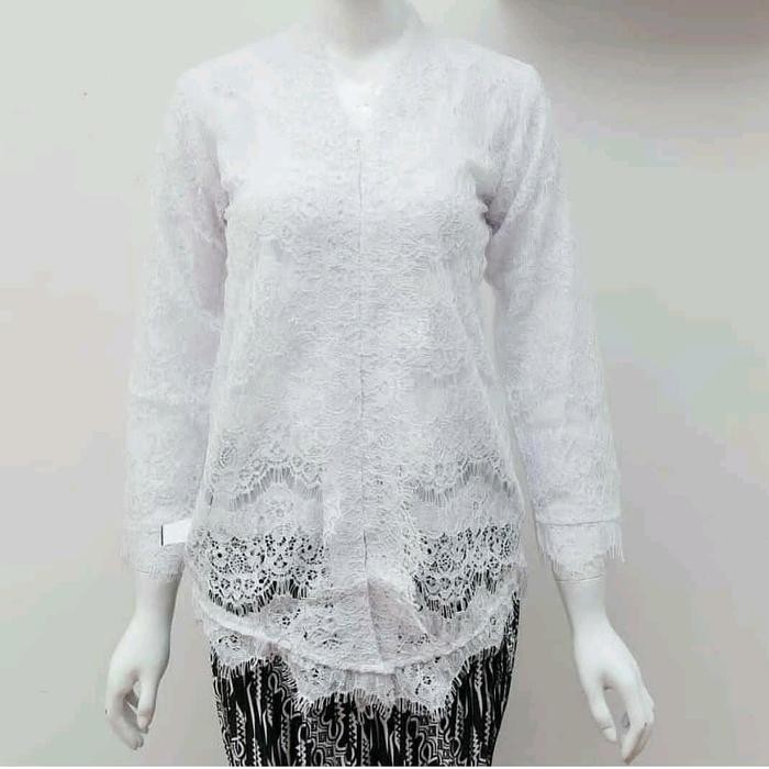 kebaya encim bahan brokat lengan panjang - putih, s