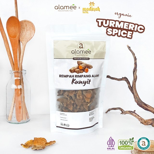 

ALAMEE Kunyit Kering Dried Turmeric Iris Rempah Rimpang Organik Alami Kunir Bumbu Seasoning 50gr madinah