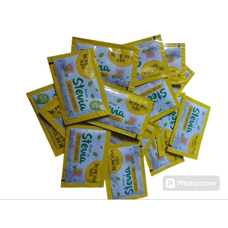 

Stevia Tropicana Slim repack isi 25, 50, dan 1 pack 100 sachet