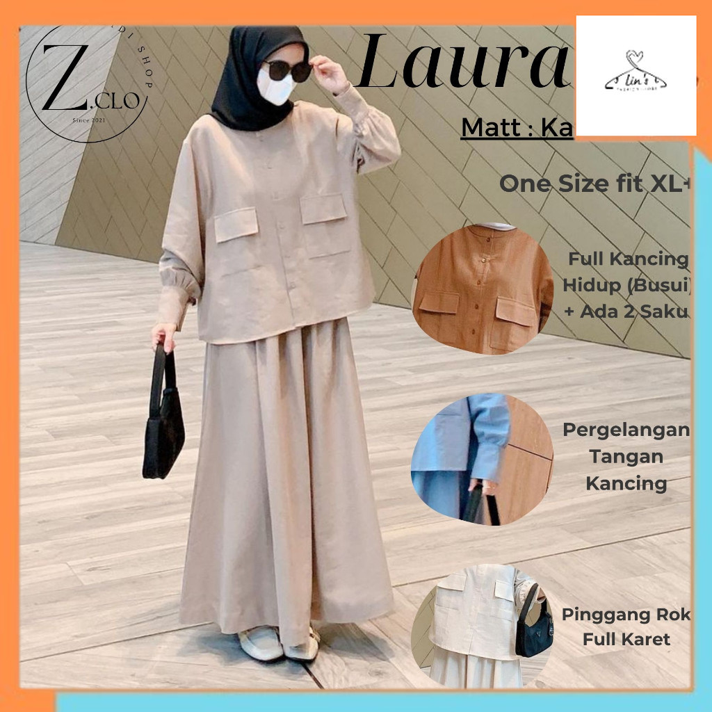 Gamis Drees Muslim Laura One Set Tunik + Rok Polos Wanita Bahan Katun Linen Premium Adem Setelan Bus