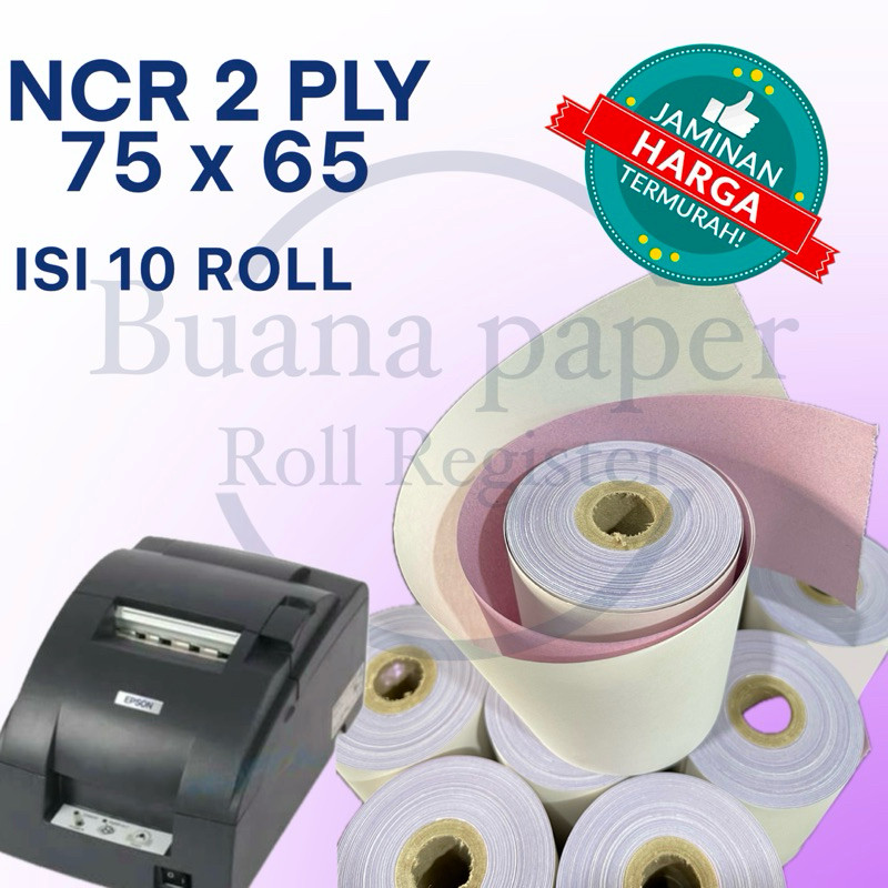 

KERTAS KASIR ROLL 2ply 75x65 ISI 10roll Cocok untuk printer kasir Dot Matrix 75mm