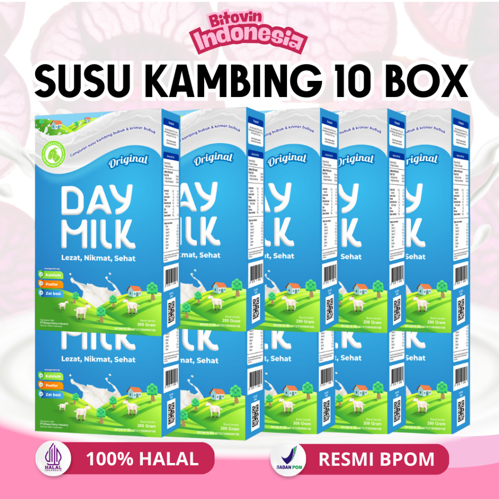 

DAYMILK 10 BOX ORIGINAL- Susu Kambing Etawa 200gr - Atasi Flek Paru Paru/Asma/TBC/Asam Lambung/Gerd/Memperkuat Tulang Sendi - Asam Urat & BPOM HALAL
