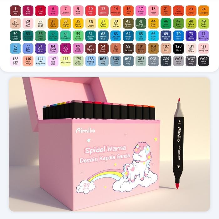 

【M-MT】FLASH SALE!!! [READY] Aimilo Spidol Warna Warni 1 Set Kemasan Kartun Sketch Marker 2 Tip Touch Marker 48/60/80 Warna - Unicorn 80 PCS