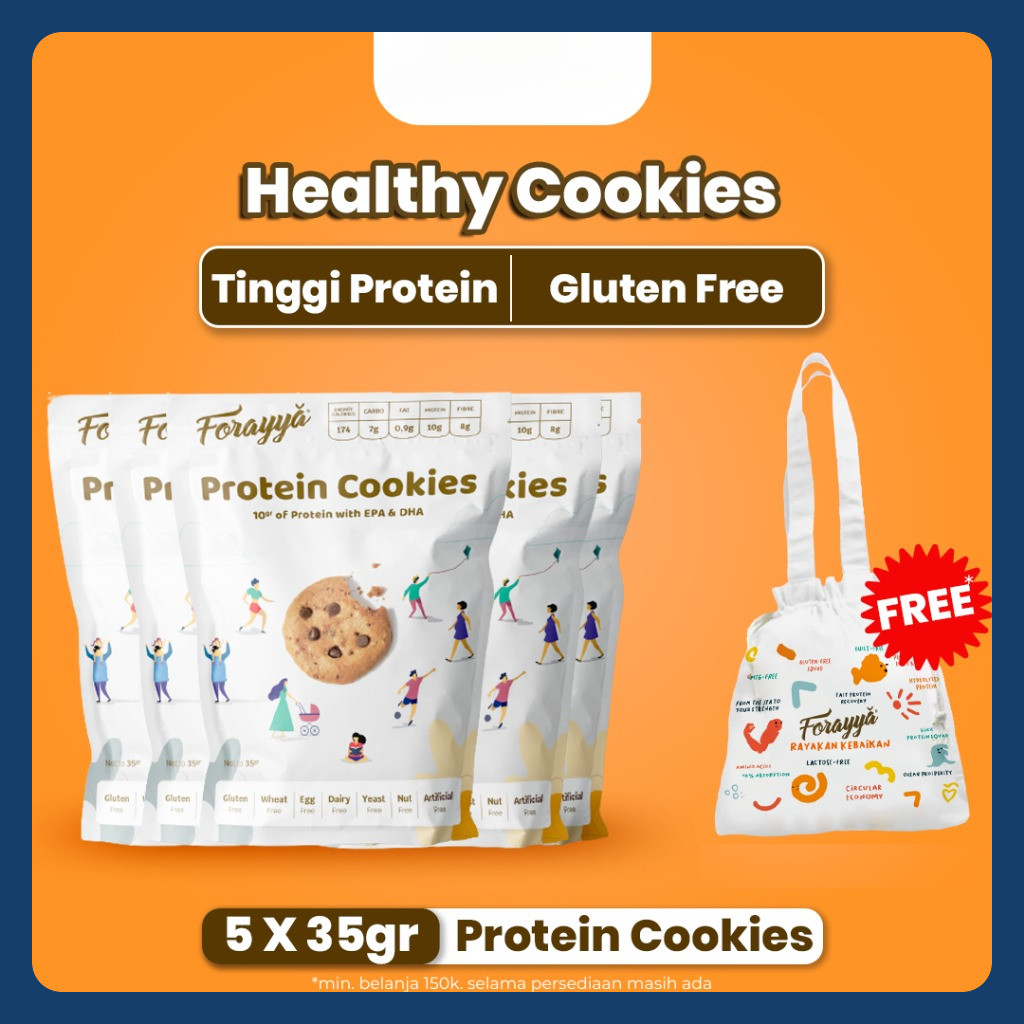 

5 PCS Protein Cookies Forayya Cemilan Sehat Gluten Free Tinggi Protein 35g