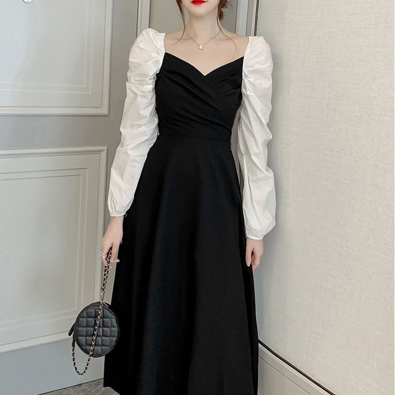 JAMIN MURAH HIJAB FRIENDLY - Dress Vintage Two Tone Hitam Putih Model V Neck(BISA LANGSUNG ORDER)